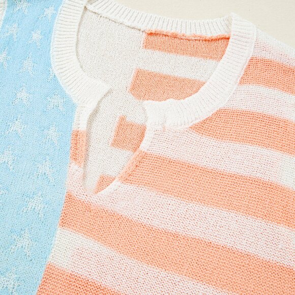 B270 Beige USA Flag Notched Neckline Loose Knit Vest - Picture 15 of 15